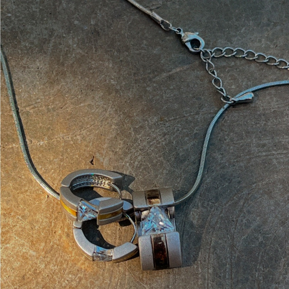VINTAGE | Silver & Gold Tone Triangle Diamond Necklace & Earrings Set